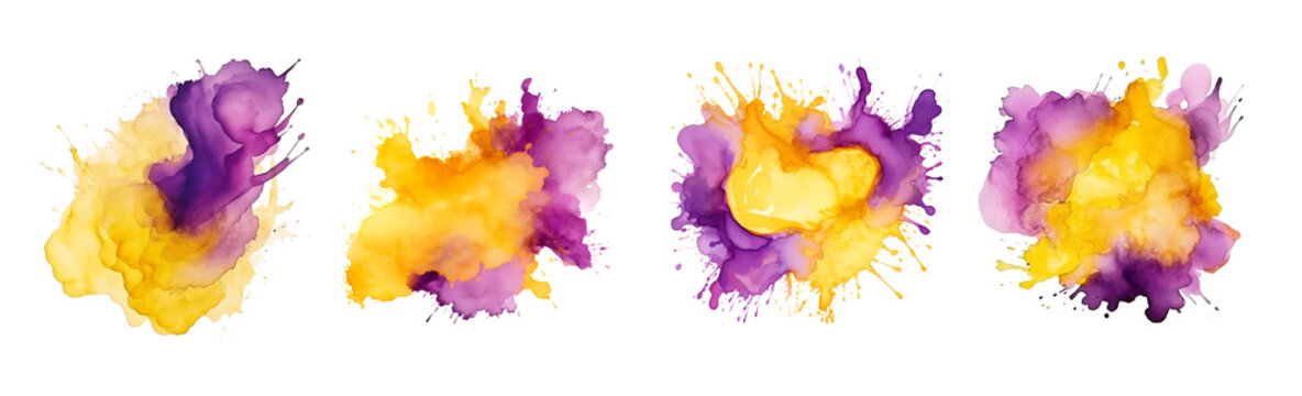 Watercolor stain yellow and purple brush set. Generative AI