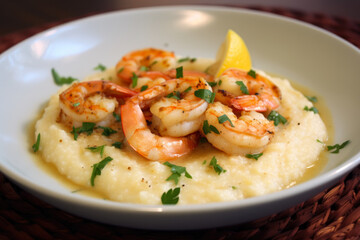 Fototapeta na wymiar a mouthwatering dish of Shrimp and Grits, elevated with a delightful twist of zesty lemon and fragrant garlic