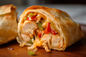 A close-up of a mouthwatering chimichanga, filled with juicy chicken, sautéed onions, and peppers, captured in this stunning macro shot
