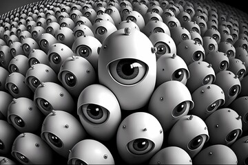 Many CCTV security surveillance cameras. Dystopian big brother spy and monitoring control concept. Mass equipments cam and lenses 2030 agenda govern control. stress and excess concept. Generative AI - obrazy, fototapety, plakaty