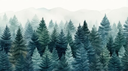 Fototapeta premium Alpine trees in the forest watercolor style illustration with winter color.