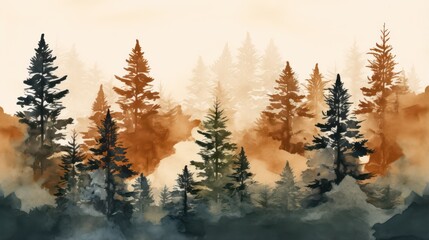 Fototapeta na wymiar Alpine trees in the forest watercolor style illustration with warm color.
