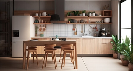Rustic style kitchen interior design, colored furniture with wood elements, warm background. AI generated.