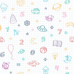 Children's doodle plain set of different hand-drawn icons. Kindergarten. Vector seamless pattern with childish doodle elements drawn in blue pen in a school notebook for backgrounds, web design, desig