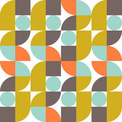 Retro geometric aesthetics. Bauhaus and avant-garde inspired vector background with abstract simple shapes like circle, square, semi circle. Colorful pattern in nostalgic pastel colors.