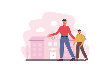 Back to school concept with people scene in the flat cartoon design. Joyful dad takes his son to school after a long summer vacation. Vector illustration.