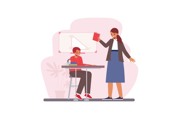School concept teacher with people scene in the flat cartoon design. The student listens carefully to the teacher's explanation during the individual lesson at school. Vector illustration.