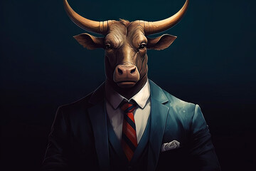 Bull wearing suit and tie with dark background.