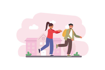 Children in the school yard concept with people scene in the flat cartoon style. Children play catch-up in the schoolyard and have fun after school. Vector illustration.