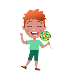 child licks lollipop. happy cute little kid boy and girl eat candy and sweets. Unhealthy eating. Lollipop. Handsome red hair boy. People character