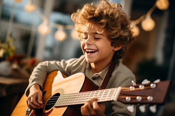 A cheerful young boy passionately playing the guitar, immersed in his music lessons.  'generative AI'