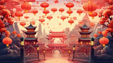 An authentic depiction of a traditional Chinese urban scene, featuring a charming street adorned with a pagoda and gateway, elegantly embellished by vibrant red paper lanterns.
