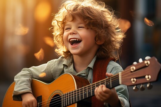 A cheerful young boy passionately playing the guitar, immersed in his music lessons.  'generative AI'
