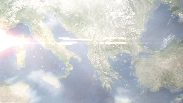 Zoom in from space and focus on Elbasan, Albania. 3D Animation. Background for travel intro. Elements of this image furnished by NASA