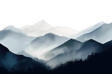 Fototapeta na wymiar An abstract nature watercolor illustration of a mountain range shrouded in fog, set against a vast sky filled with billowing clouds, captures the wild beauty of nature's outdoor landscape