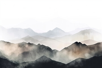 A dreamy mountain nature watercolor painting depicting the majestic fog-covered mountains of the highlands, blending seamlessly into a misty sky, creating a breathtaking landscape of nature