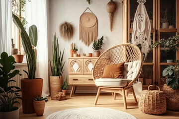 Living room with bohemian interior, illustration generative AI