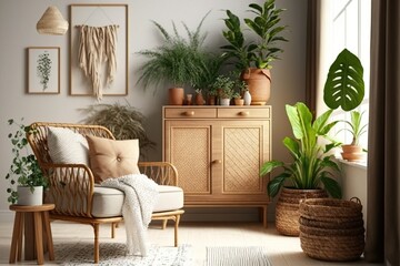 Living room in boho style, illustration generative AI