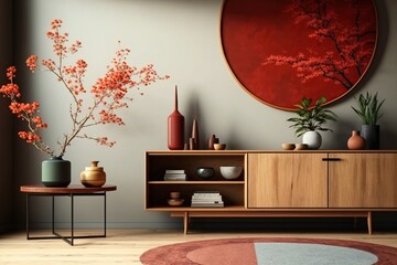 Modern living room with japandi style in interior, illustration generative AI