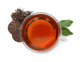 Traditional Chinese pu-erh tea, freshly brewed beverage and green leaves isolated on white, top view
