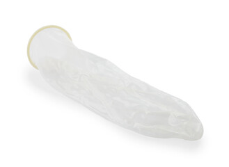 Unrolled condom on white background. Safe sex