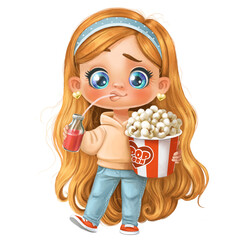 Cute cartoon blond girl with popcorn and drink juice through a straw