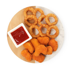 Tasty fried onion rings, chicken nuggets and ketchup isolated on white, top view
