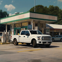 A pickup truck in gas station and convenience store at street corner near Sam Houston Highway. - obrazy, fototapety, plakaty
