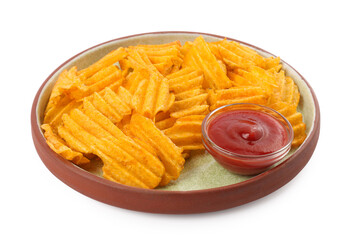 Plate of delicious ridged chips with ketchup isolated on white