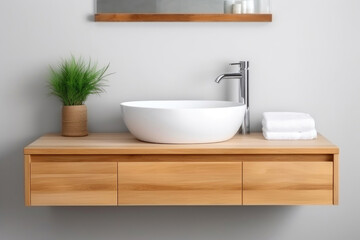 Fototapeta na wymiar Sleek Wooden Washstand with Contemporary White Ceramic Vessel Sink
