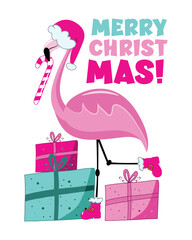 Merry Christmas - flamingo in Santa hat, and with candy cane and christmas presents. Good for greeting card, T shirt print, poster, label, and other decoration.