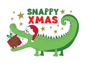 Snappy Christmas - funny greeting with alligator in Santa hat. Christmas present and stars. Good for greeting card, baby clothes, poster, label, and other decoration.