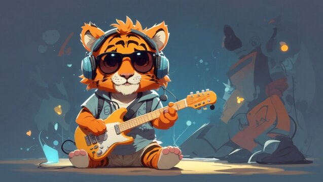 A small orange gris/tiger wearing shirt,glasses and a guitar on hand