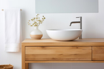 Fototapeta na wymiar Contemporary Bathroom Interior with Wooden Washstand