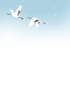 冬空を飛ぶ丹頂鶴のイラスト