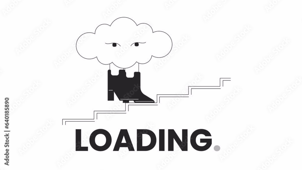 Poster surreal cloud walking up stairs in boots bw loading animation. cumulus stepping up outline 2d cartoo