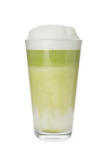 Glass of tasty matcha latte isolated on white