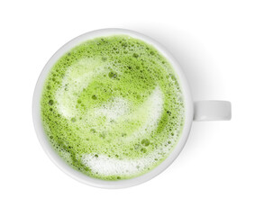 Cup of fresh matcha latte isolated on white, top view