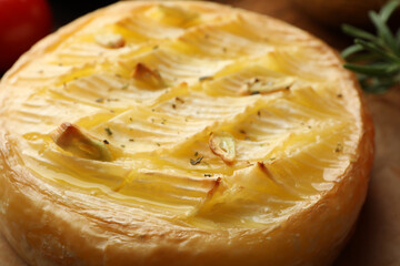 Closeup view of tasty baked brie cheese