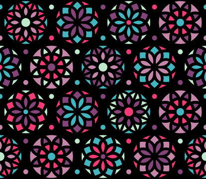 Stained glass seamless repeat vector geometric pattern. Circle shape, stylize simple flat rose window colorful ornament. Round, radial floral motive design elements on black background.