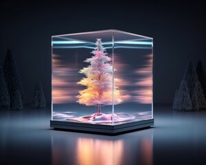 Beautiful scene with colorful christmas tree in a transparent glass box in the snowy nature. Abstract Creative concept of new year.