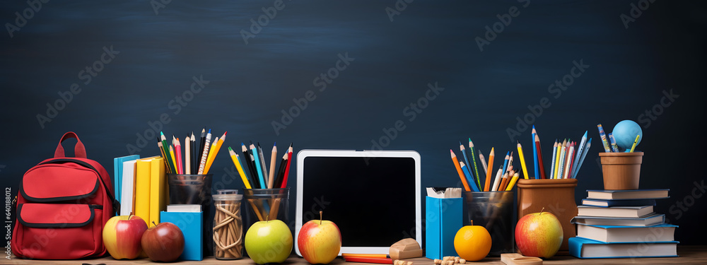 Poster back to school background with books,apples and pencils over blackboard.created with generative ai t
