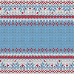 Winter knit texture pattern.Seamless vector illustration for Christmas, New Year, winter design. Xmas ugly sweater ornament. Fair isle pattern in blue, white and red