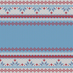 Winter knit texture pattern.Seamless vector illustration for Christmas, New Year, winter design. Xmas ugly sweater ornament. Fair isle pattern in blue, white and red