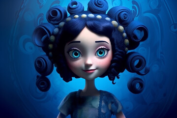 3d digital illustration of blue-haired roll girl with big eyes and pensive expression isolated on blue background. Generative AI.