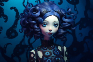 3d digital illustration of blue-haired roll girl with big eyes and pensive expression isolated on blue background. Generative AI.