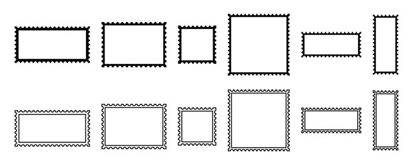 Set of black postage stamps. Blank stamps for send envelope or letter. Vector 10 Eps.