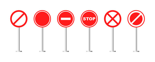 Set of red prohibited or not allowed road signs. Round stop sign. Ban, forbidden, restricted road signs.