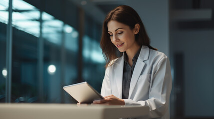 Female doctor using tablet on blurred hospital background. Created with Generative AI technology.