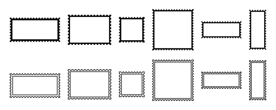 Set of black postage stamps. Blank stamps for send envelope or letter. Vector 10 Eps.